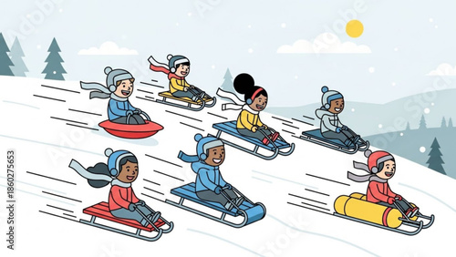 Diverse group of children sledding down a snowy hill a fun winter activity illustration for holiday or seasonal concepts with a flat design style