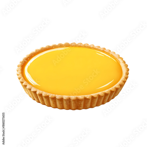 Delicious lemon tart with golden crust on white background