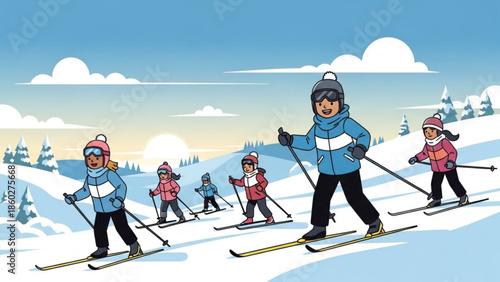 Group of children skiing down a snowy slope winter sport activity for families cartoon illustration for childrens books and websites