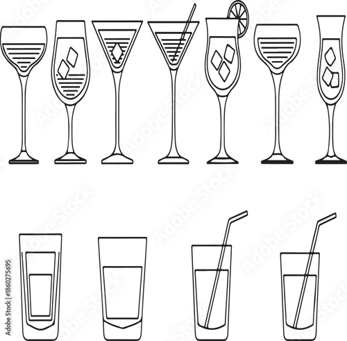 Variety of cocktail glasses and cups with drinks and ice