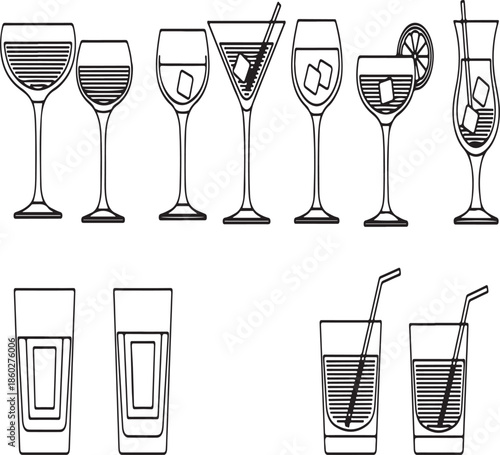 Variety of cocktail glasses and drinks with ice and straws