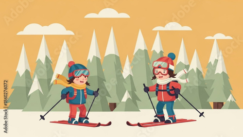 Two children skiing in the mountains wearing winter clothes and goggles enjoying a snowy day flat vector illustration for seasonal concepts
