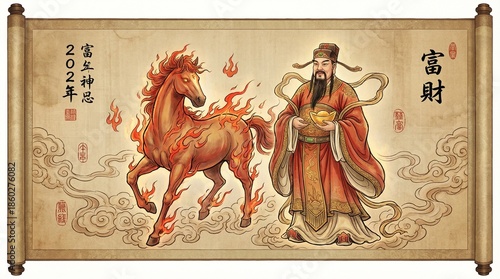 Chinese deity with fiery horse on ancient scroll with kanji symbols