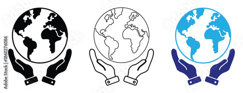 Hand holding a globe icon representing global responsibility, care for the planet, international connection, sustainability, and protection of the world in a simple, clean visual symbol.