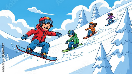 Children snowboarding down a snowy mountain slope a fun winter sport activity for kids cartoon illustration for holiday and recreation themes