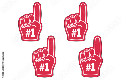 Fan foam hands number one set, vector icons of sport finger gloves, depicting cheering gestures for games, team support, victory, champion, winner