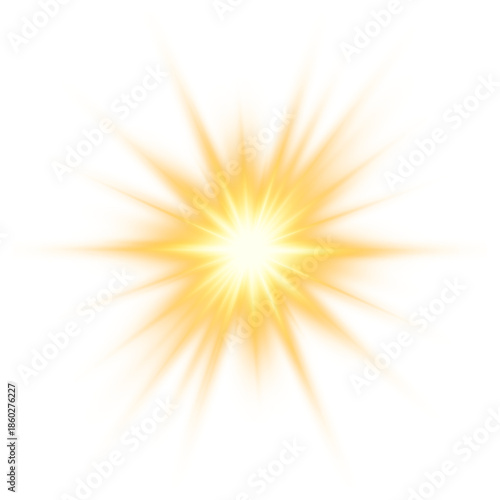 Golden sparkling star shines with radiant rays and lens flare. Transparent background ensures versatile design use. Perfect for festive banners, posters, or digital projects. PNG