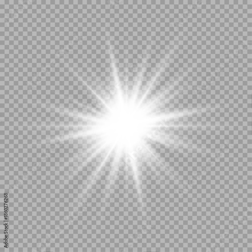 White star emits radiant light with sparkling rays and lens flare. Transparent background allows versatile placement. Perfect for banners, posters, or festive illustrations.