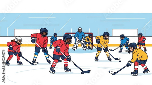 Children playing ice hockey game on a rink with goalie and players in colorful uniforms illustration for sports and recreation concepts