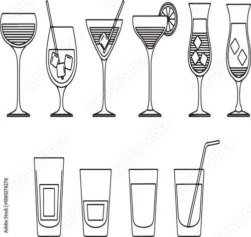 Variety of elegant cocktail glasses and tumblers for mixology