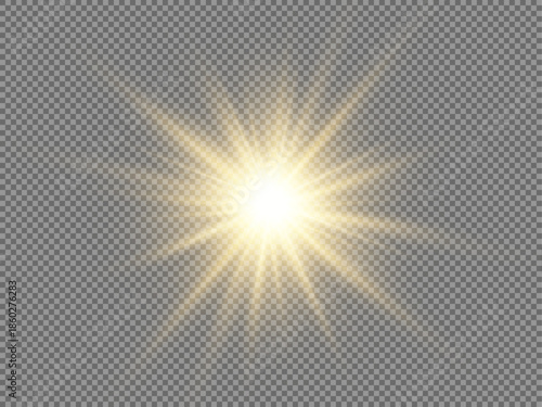 Golden starburst with sparkling rays shines dynamically. Lens flare and glitter effects enhance magical appearance. Perfect for holiday banners, cards, or posters.