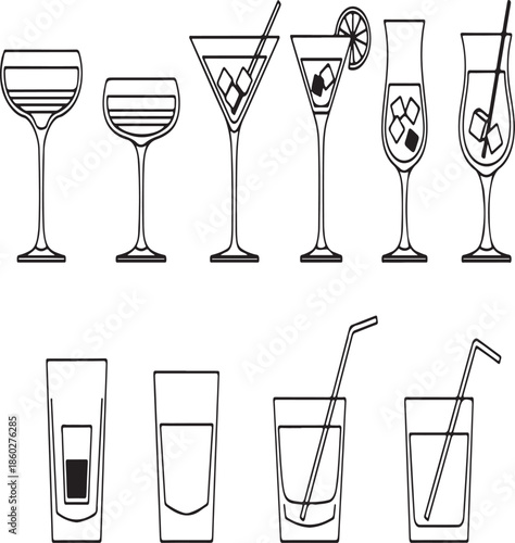 Variety of elegant cocktail glasses and cups with drinks