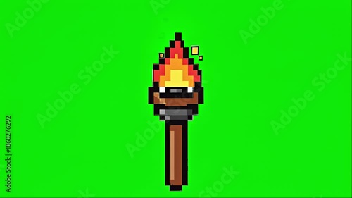 Animated Pixel Art Torch with Burning Flame on Green Screen.