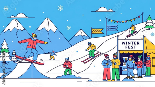 Winter festival scene with people skiing and snowboarding on snowy mountains flat vector illustration for holiday events and outdoor recreation
