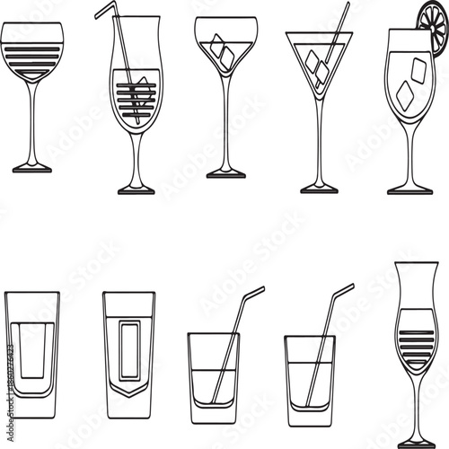 Variety of elegant cocktail glasses with drinks and straws