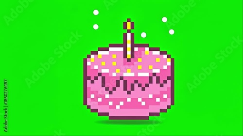Pixel Art Birthday Cake with Candle Animation on Green Screen.
