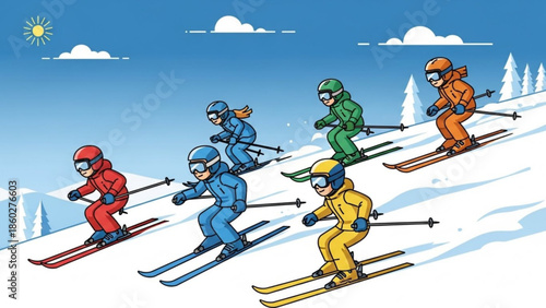 Group of skiers racing down a snowy mountain slope colorful winter sport illustration for active lifestyle and outdoor recreation concepts clear sunny day