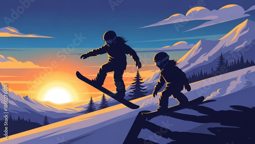 Two snowboarders riding down a snowy mountain at sunset winter extreme sports illustration for adventure and travel concepts