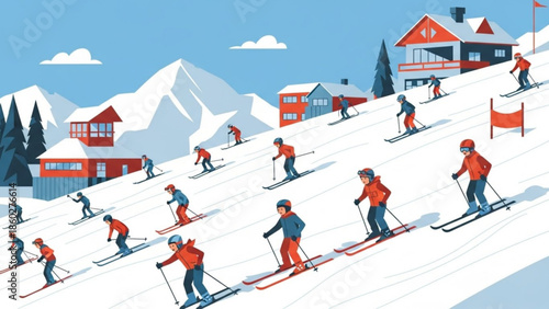 Ski resort scene with many skiers descending a snowy slope featuring chalets and mountains perfect for winter sports and vacation concepts