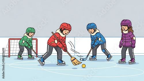 Children playing broomball on an ice rink a fun winter sport activity for kids illustration for sports and recreation concepts