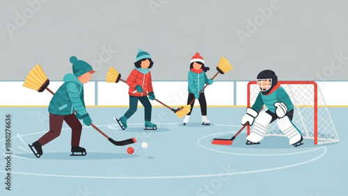 Children playing street hockey with brooms on an ice rink winter outdoor activity and fun flat vector illustration