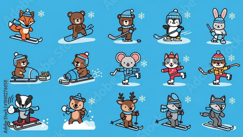 Cute cartoon animals playing winter sports collection of playful characters in flat design for kids illustrations and seasonal graphics isolated on blue background