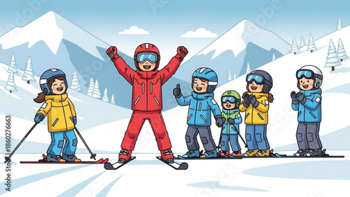 Happy children skiing on a snowy mountain slope enjoying winter sports and outdoor activities cartoon illustration for kids