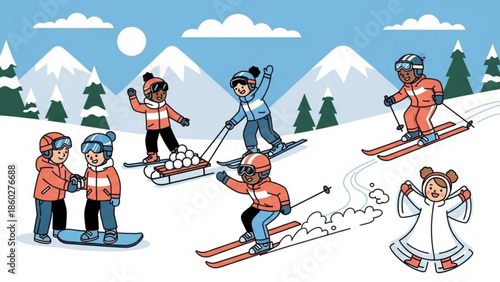 Children enjoying winter sports on a snowy mountain including skiing snowboarding and sledding with snowballs for holiday or activity concepts