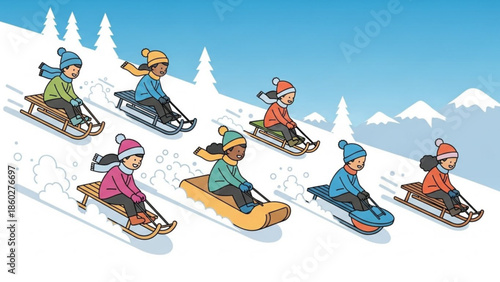 Diverse group of children sledding down a snowy hill representing winter fun and outdoor activity perfect for seasonal promotions and childrens themes