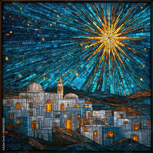 Mosaic stained glass creation of the Star of Bethlehem illuminating a serene village on a tranquil Christmas night