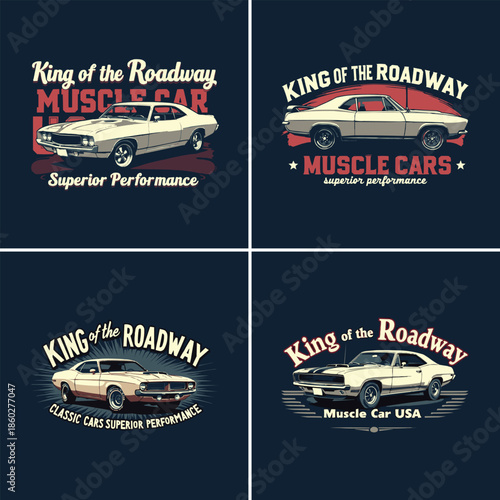 Four vintage American muscle car designs celebrating superior performance and classic automobile ownership on dark backgrounds