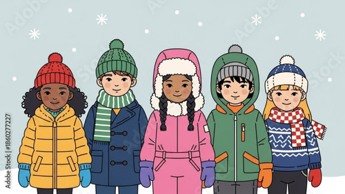 Diverse group of children in winter clothing standing in snow with snowflakes falling perfect for seasonal promotions and educational materials