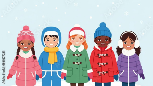 Diverse group of happy children in winter clothing standing together in a snowy landscape perfect for holiday and seasonal promotions