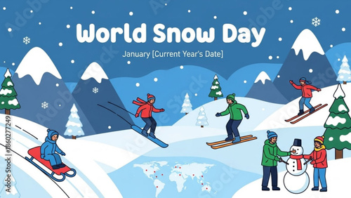 World Snow Day illustration with people enjoying winter sports like skiing and snowboarding a snowman and snowy mountains perfect for holiday promotions and seasonal events