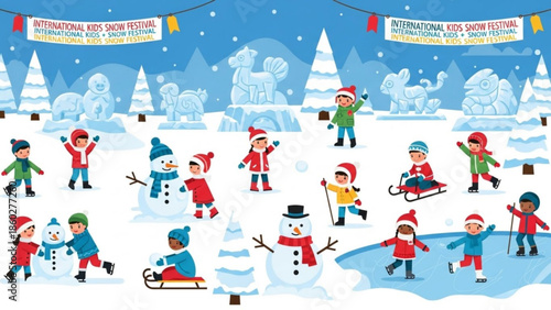 Children enjoying a winter snow festival with ice sculptures and snowmen celebrating the holidays and winter season with outdoor activities