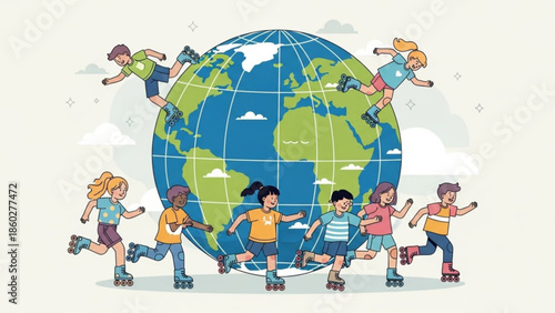 Diverse children rollerblading around the globe representing global unity and active lifestyle flat vector illustration for concept design