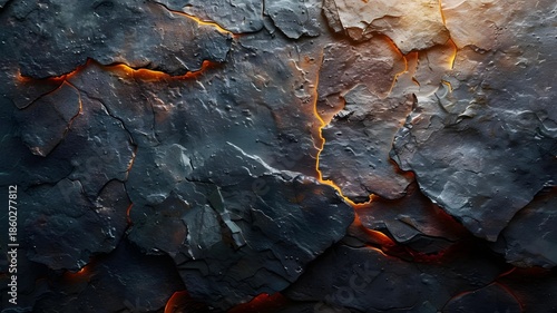 Dark Textured Surface with Fiery Cracks and Irregular Patterns