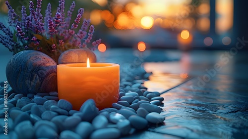 Calming Candle with Stones and Lavender in Soft Sunset Glow