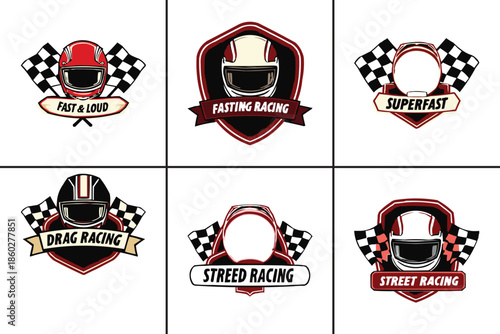 Collection of six distinct vintage and modern racing emblems featuring stylized motorsport helmets and checkered flags designs