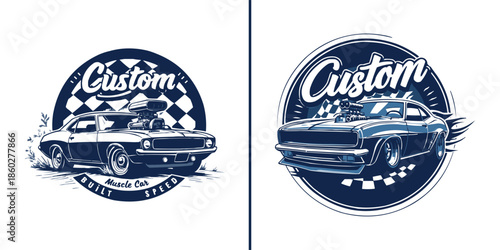 Two dynamic custom muscle car designs featuring exposed superchargers and racing emblems perfect for apparel printing