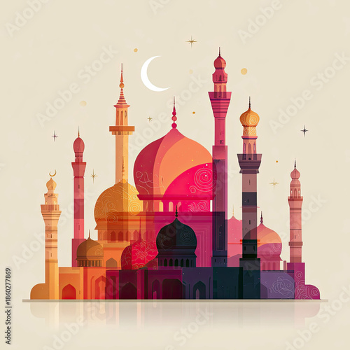 Colorful mosque silhouette with vibrant domes and minarets celebrating Ramadan in a modern artistic style