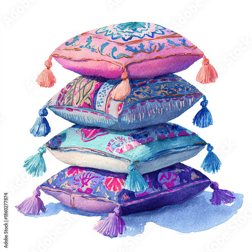 Decorative oriental pillows with vibrant bohemian patterns create a cozy atmosphere for Ramadan celebrations