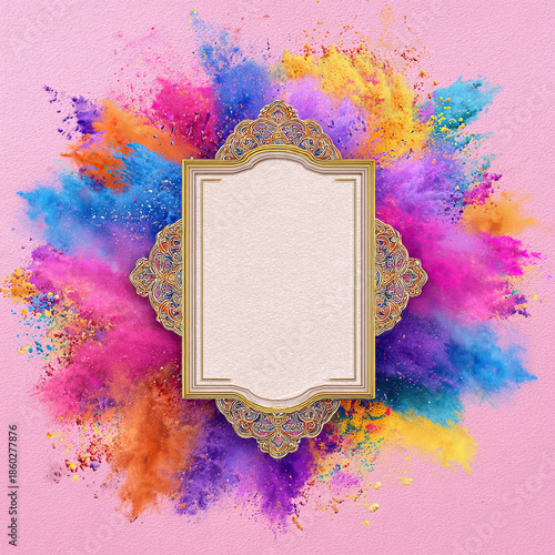 Vibrant holi festival frame bursting with colorful powder splashes on a soft pastel pink background