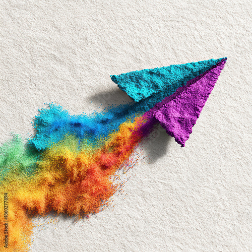 Vibrant paper plane crafted from swirling holi powder in rainbow colors soaring against a textured white backdrop
