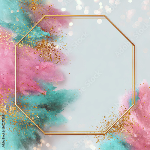 Elegant holi festival celebration with pastel powder and bokeh lights in a golden frame