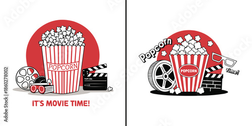 Collection of stylized black and white movie icons featuring popcorn buckets clapperboards film reels and 3d glasses for cinema enjoyment.