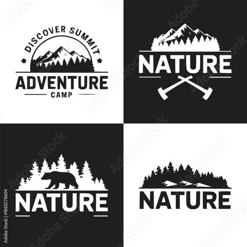 Collection of four distinct black and white outdoor adventure and nature themed emblems perfect for branding merchandise or clothing design projects.