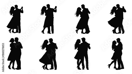 Elegant couples dancing in various poses a striking black silhouette