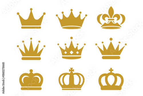 Gold crown icon set, collection of royal king and queen crowns, monarchy symbols, luxury power signs, and heraldic elements for logo design