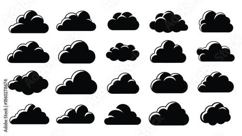 Collection of various black cloud shapes in a grid a striking silhouette